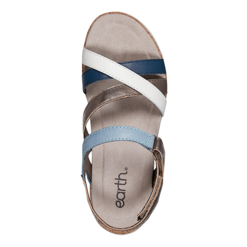 Overhead view of a sandal featuring white, blue, tan, and gold straps with the text 'earth.'