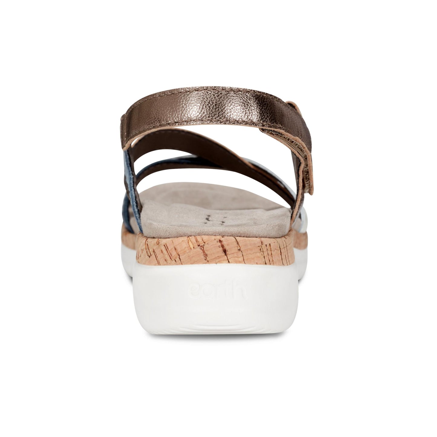 Back view of sandal with metallic bronze, blue, and cork straps on a white platform.