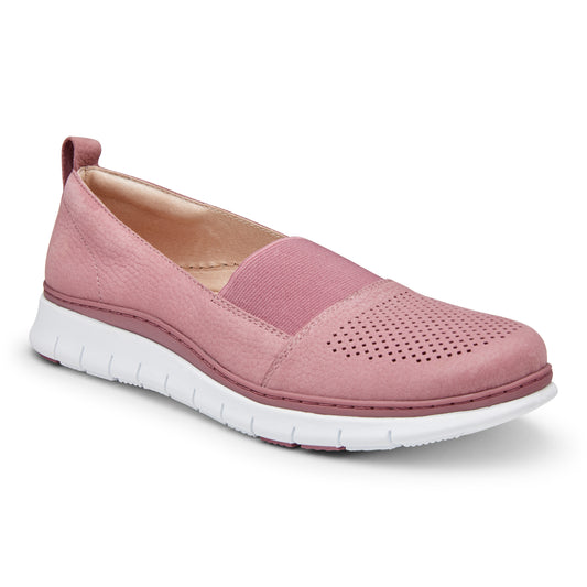 Slip-on pink leather shoe with white sole and elastic band.