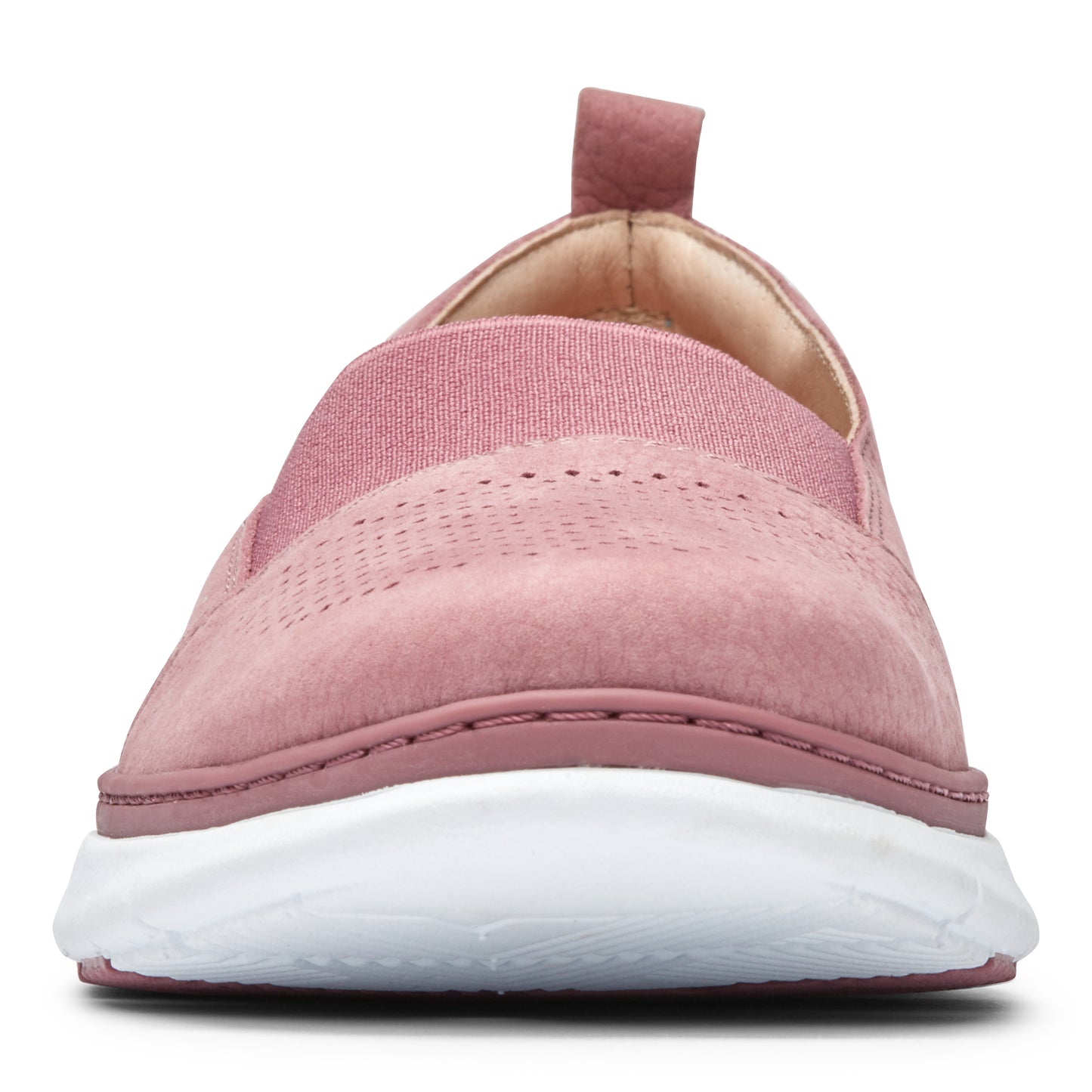 Pink slip-on shoe with elastic band and white sole.