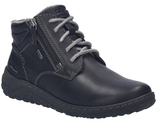 A low-cut dark blue leather ankle boot with gray laces, a side zipper, gray stitching details, and a dark sole.