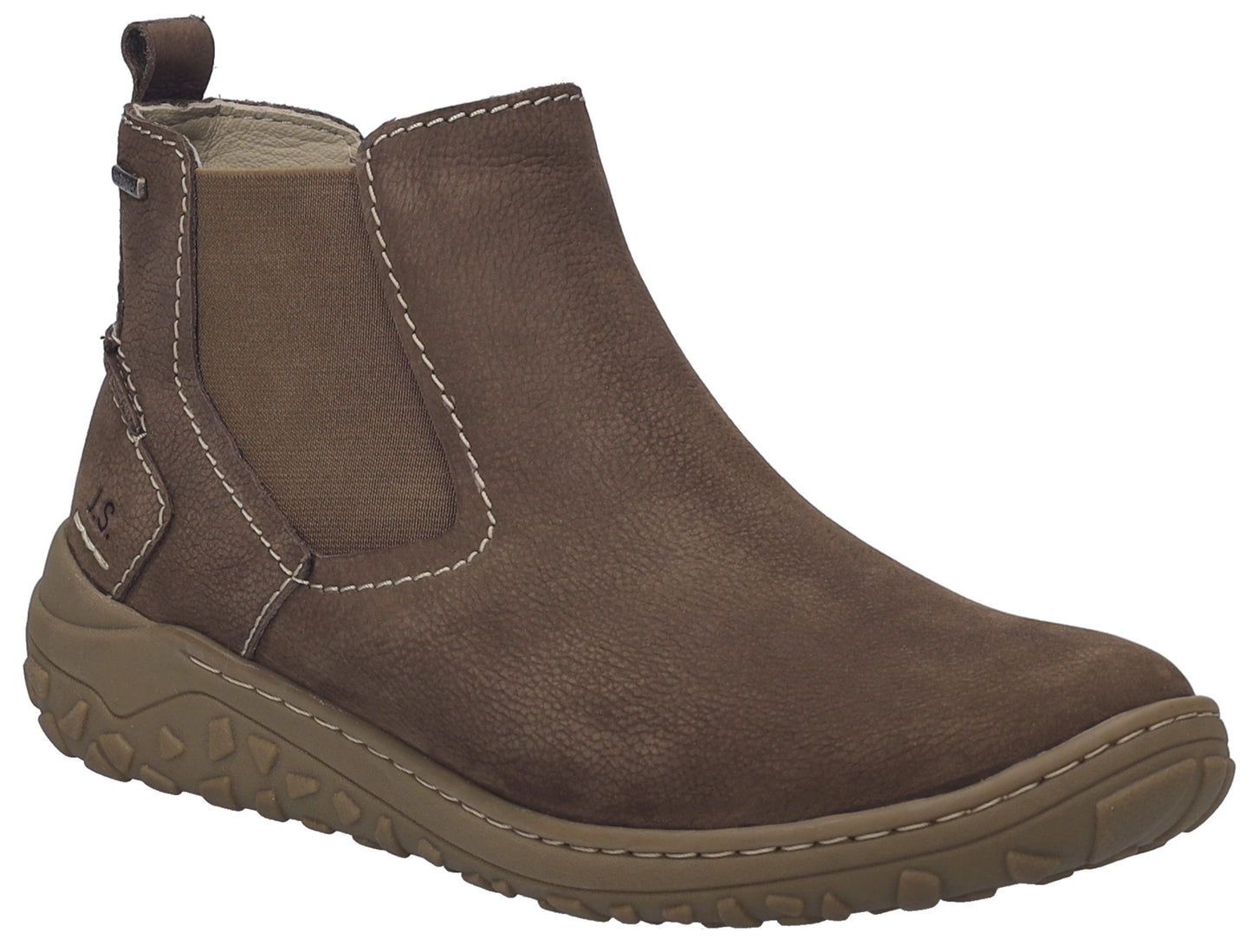 Brown ankle boot with elastic side panels and a sturdy sole.