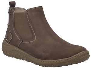 Brown ankle boot with elastic side panels and a sturdy sole.