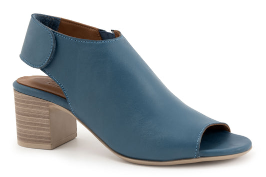 Teal, peep-toe shoe with block heel and adjustable ankle strap