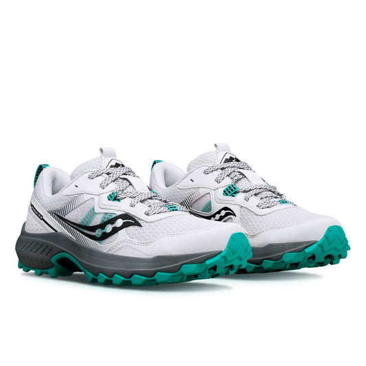 Pair of white trail running shoes with teal and gray accents.