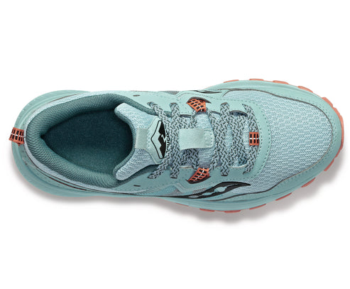 Top-down view of a light blue shoe with coral accents and gray patterned laces.