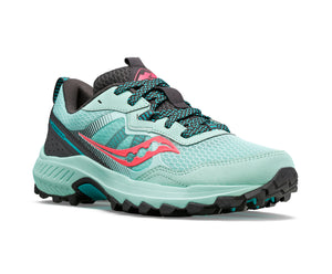 Light green sneaker with coral accent, lug sole and black laces.