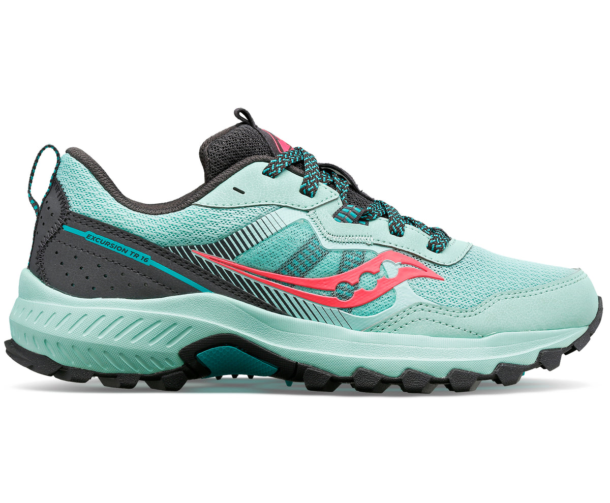 A light blue women's athletic shoe with red accents, trail-ready sole, and dark gray heel.