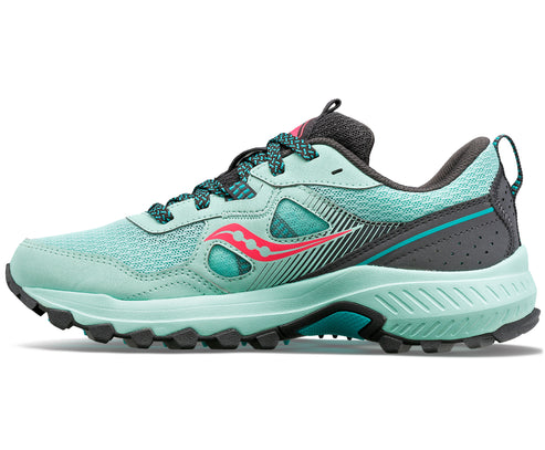 A mint-green running shoe with a red logo on the side and a patterned lace
