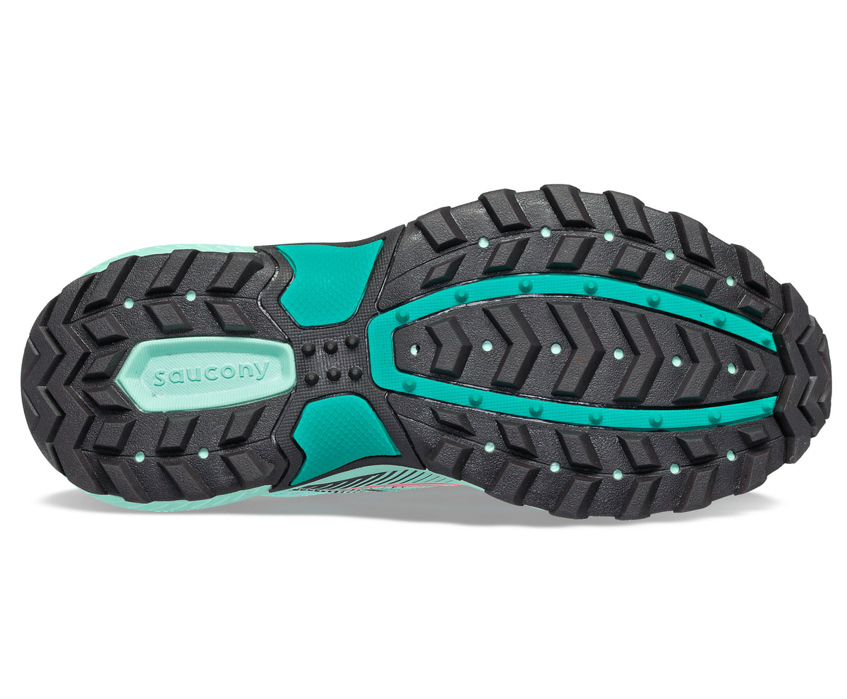 Black rugged outsole with mint green accents and 'saucony' branding.