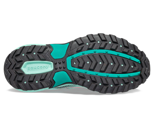 Black rugged outsole with mint green accents and 'saucony' branding.
