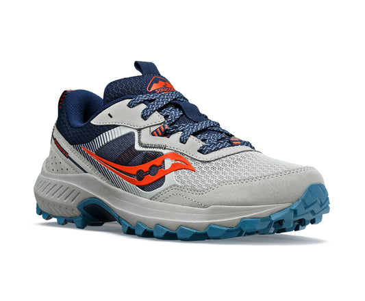 Trail running shoe with a blue and orange logo on a gray body.