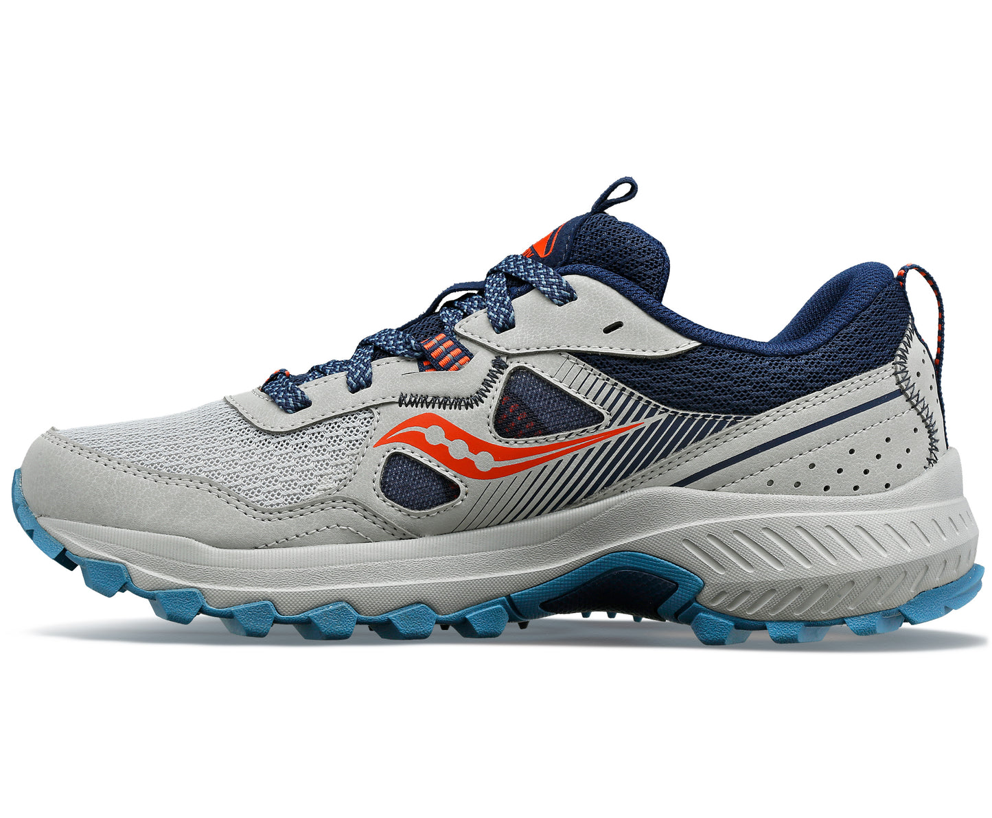 A low-top running shoe in gray with blue accents and an orange logo.
