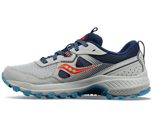 A low-top running shoe in gray with blue accents and an orange logo.