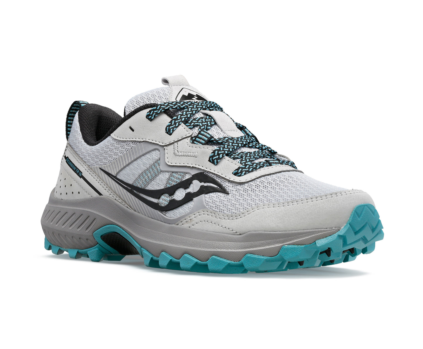 Low-top trail running shoe, gray mesh upper with black accents, patterned blue laces, gray and blue lug sole.