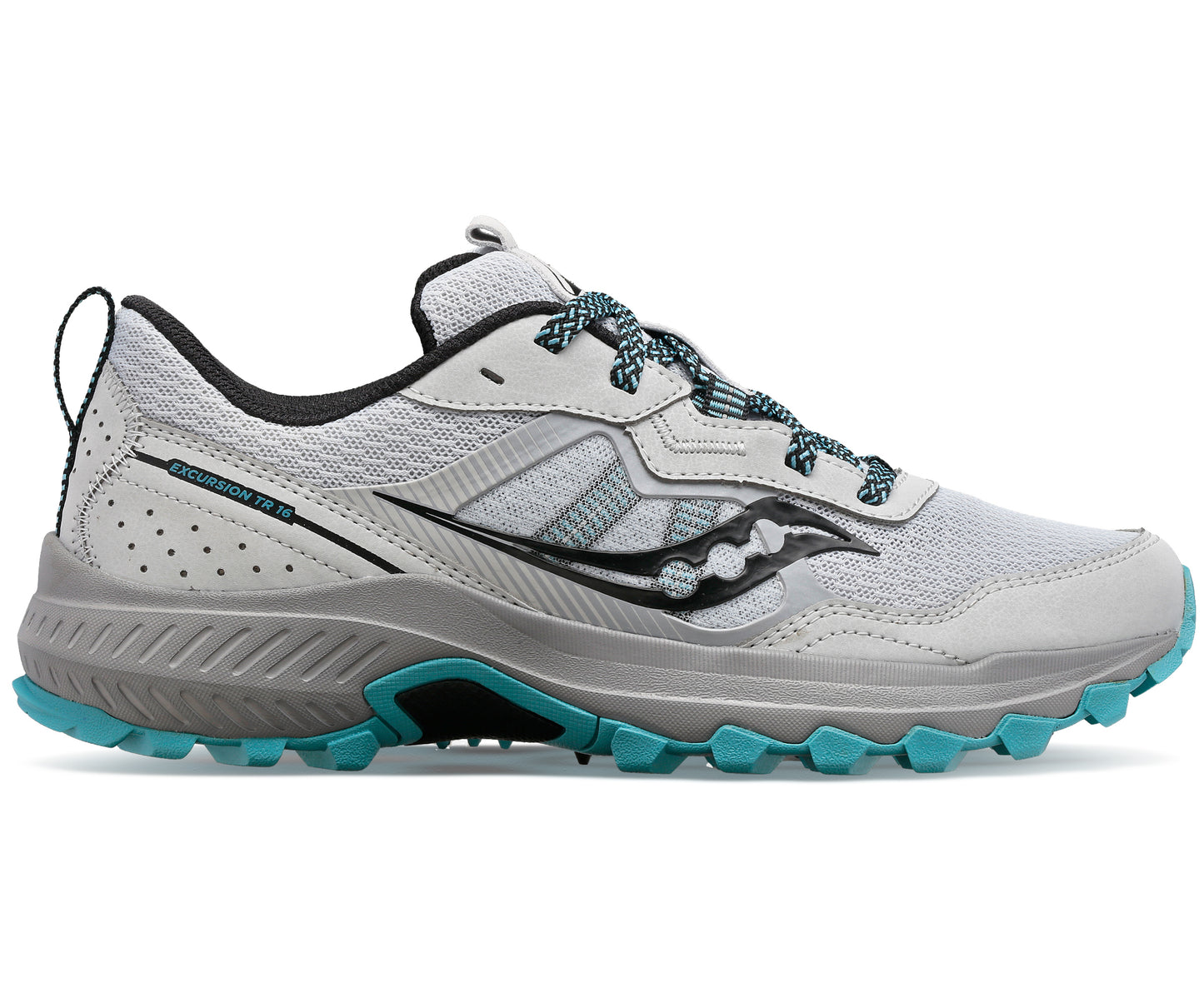 Trail running shoe in light gray with black accents and blue soles and laces.