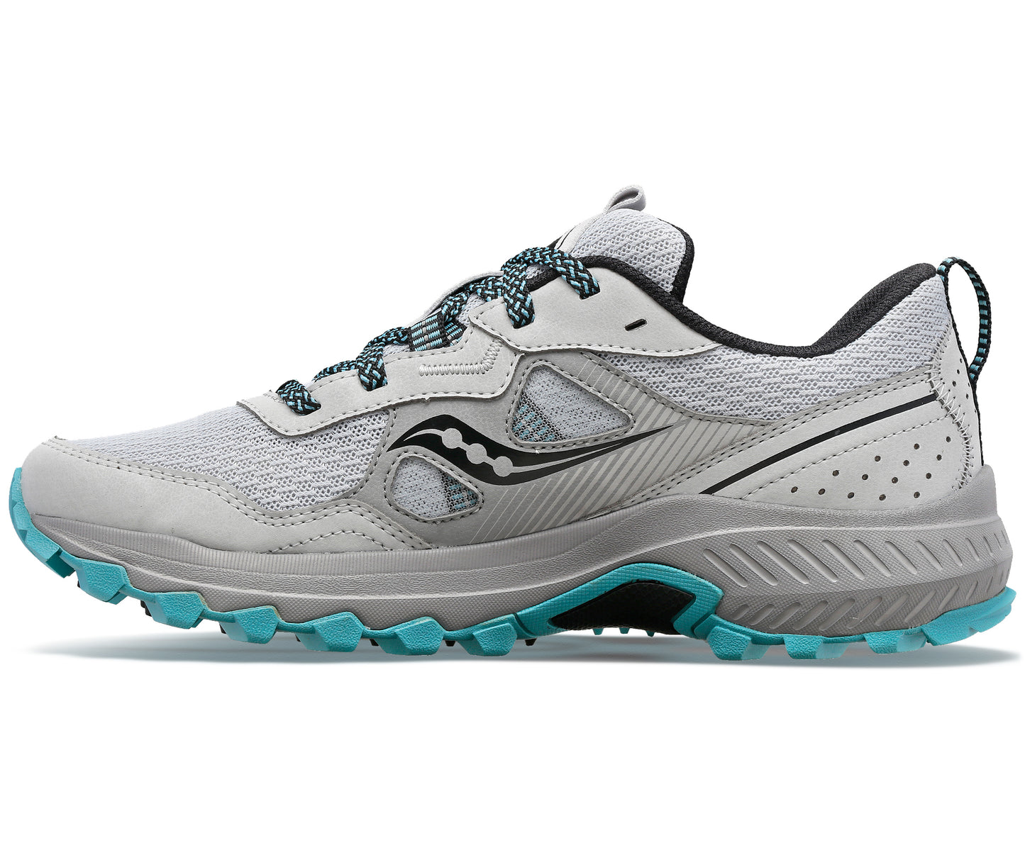 Trail running shoe, gray with black logo and blue sole.