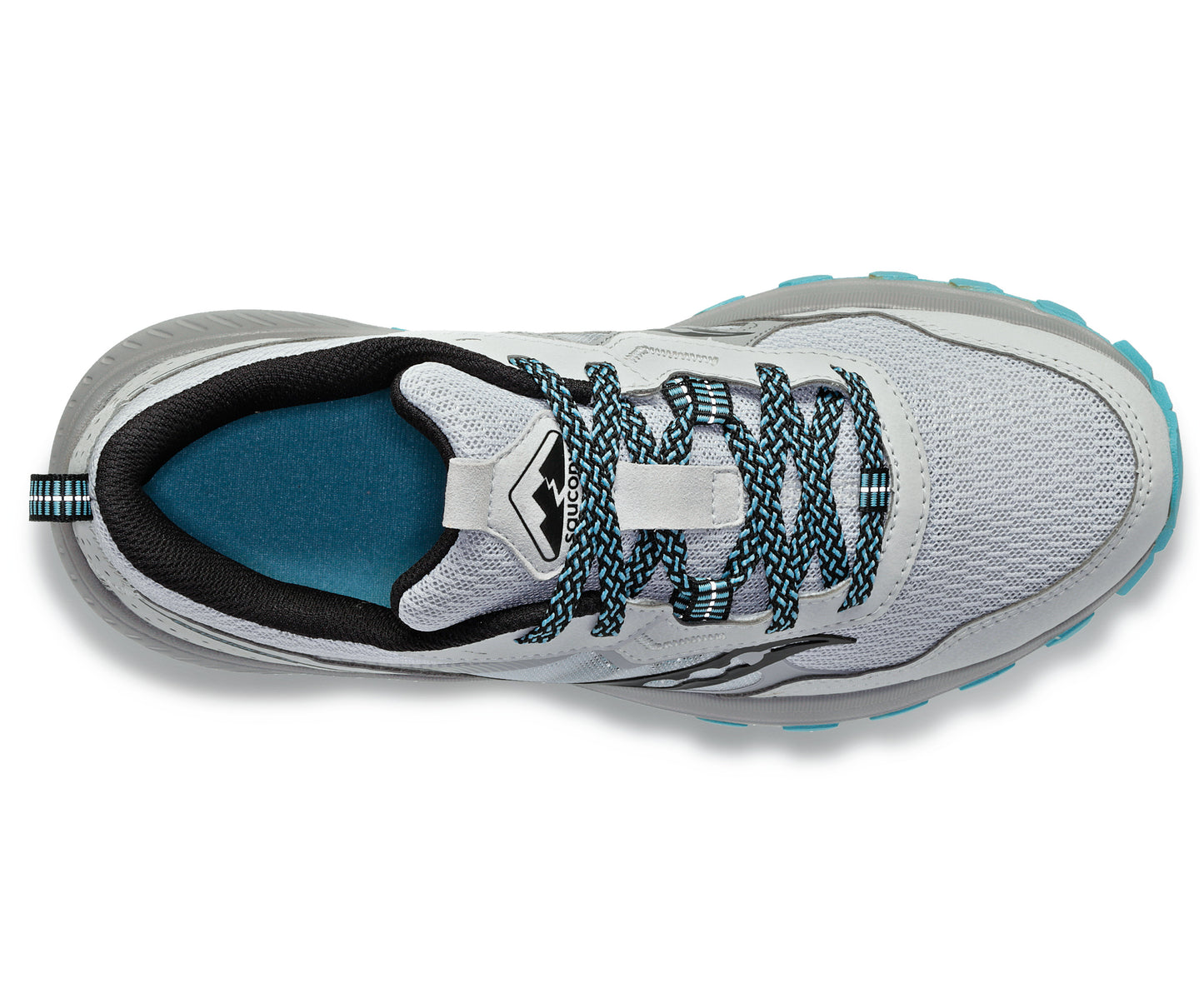Top-down view of a light gray running shoe with patterned blue and gray laces, a black interior, and a pull-tab at the heel.
