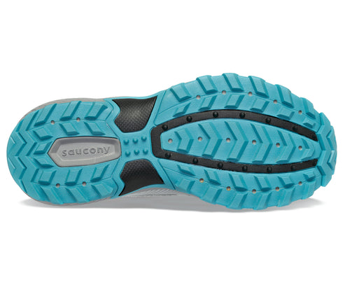 Bottom view of a shoe with a light-blue tread and the word "saucony".