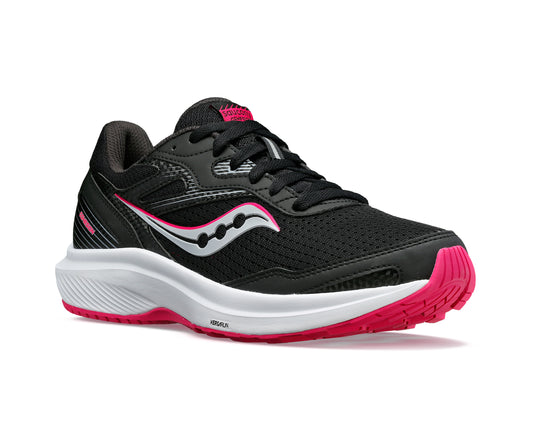 Black running shoe with pink accents and a white sole.