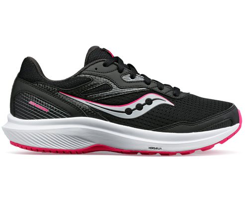 A black running shoe with a white sole and pink accents.