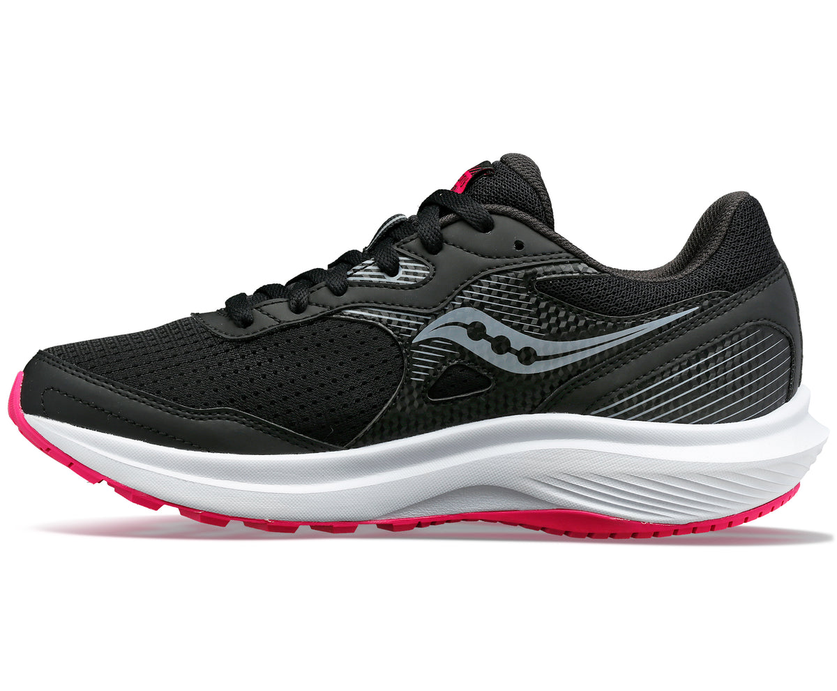 Black running shoe with pink accents, white sole, and grey logo.