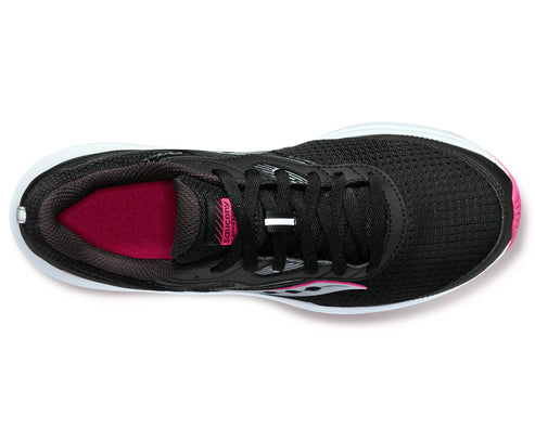Black running shoe with pink and white accents.