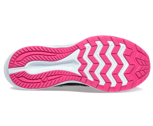 Bottom view of shoe with pink rubber outsole featuring white chevron patterned treads.