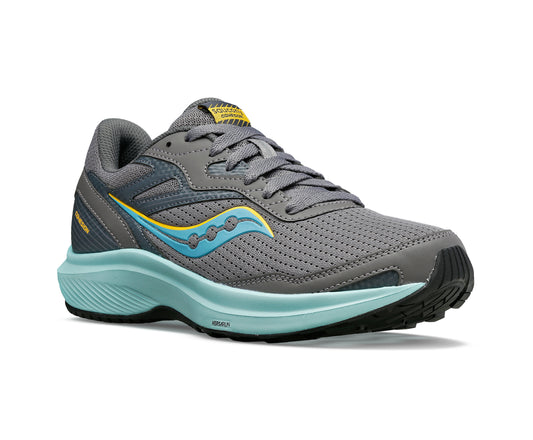 Gray running shoe with light blue sole, and yellow and light blue accents.