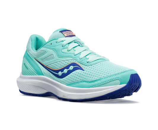 Aqua running shoe with a blue swoosh.