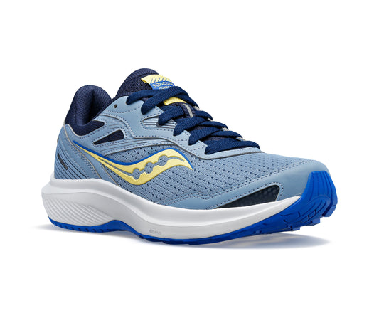 A light blue athletic shoe with yellow accents, blue laces, a white midsole, and a blue outsole.