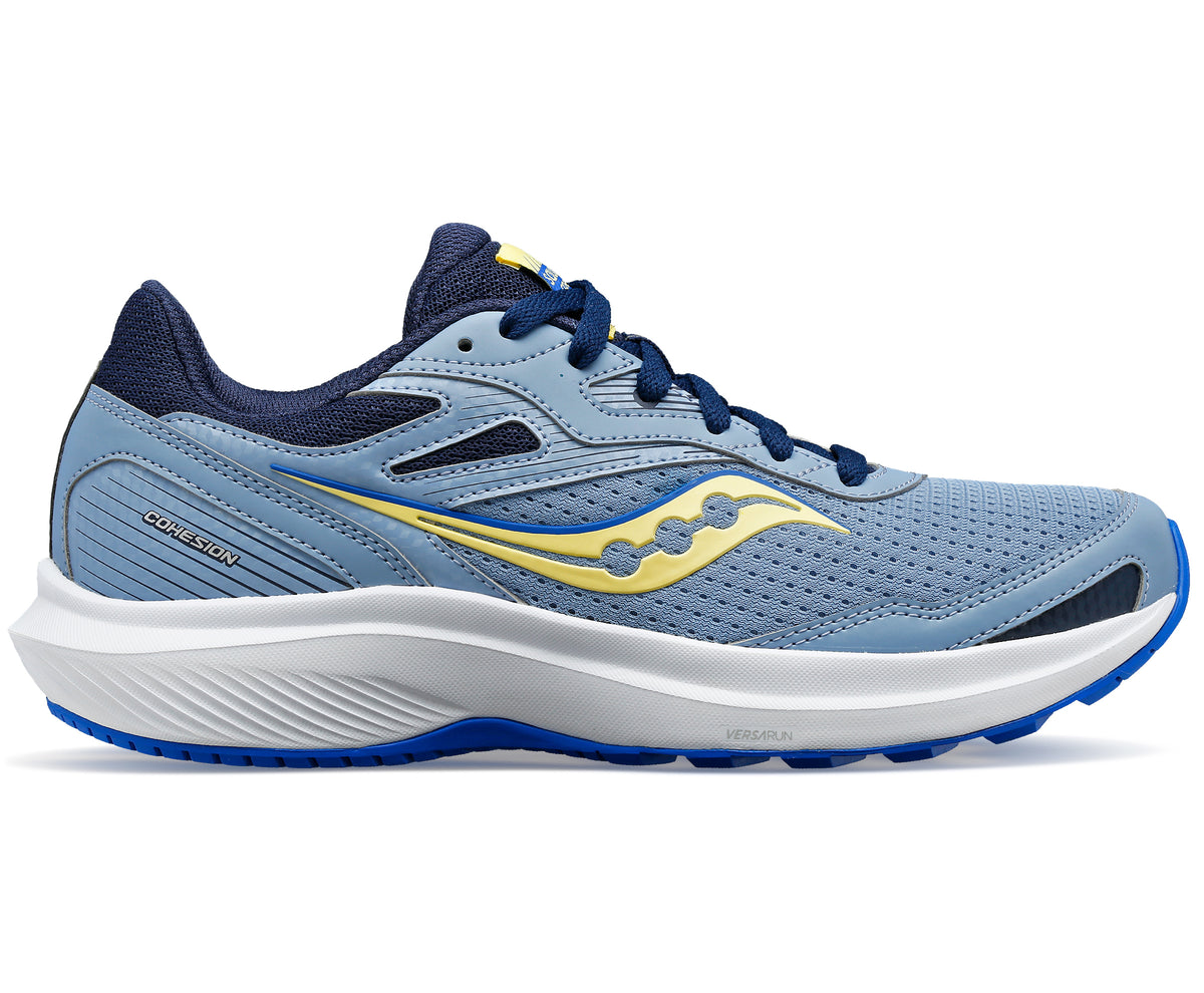 A blue running shoe with yellow logo and white sole.