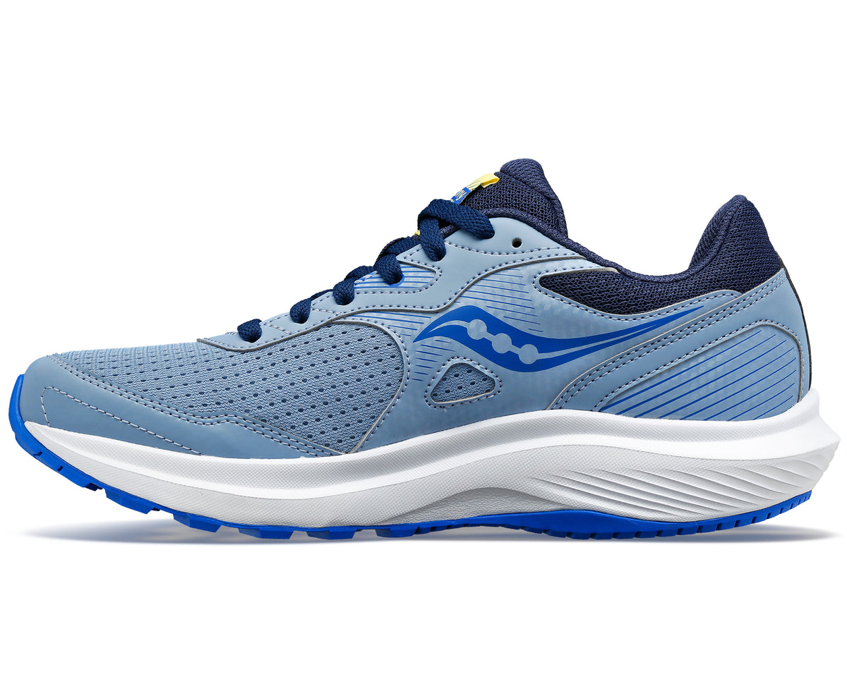 A blue running shoe with a white sole and laces.