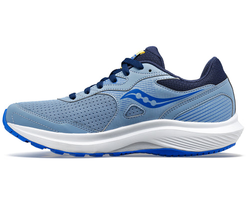 A blue running shoe with a white sole and laces.