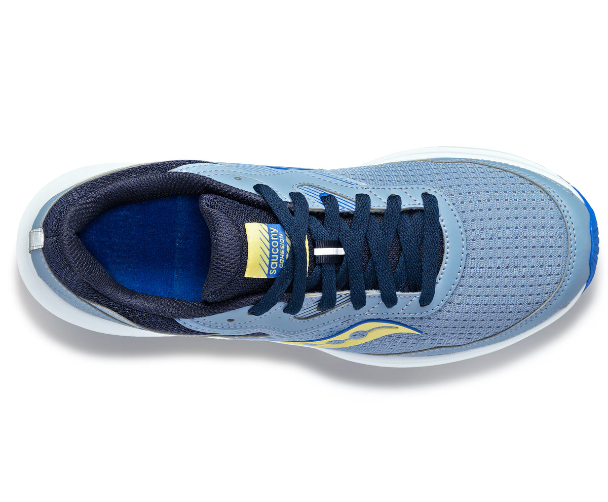 Top-down view of a blue running shoe with navy laces and a yellow swoosh.