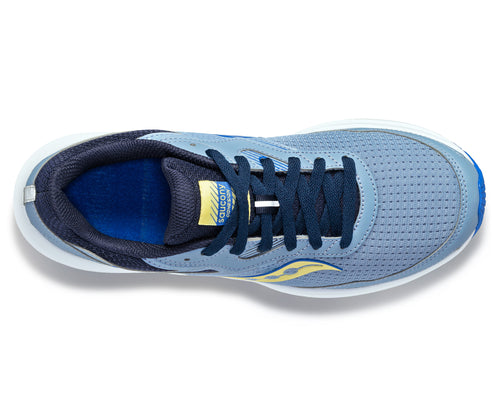Top-down view of a blue running shoe with navy laces and a yellow swoosh.