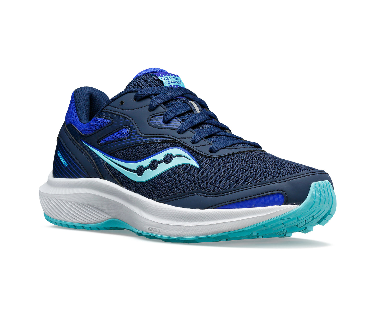 A blue running shoe with blue and white accents and a white sole.