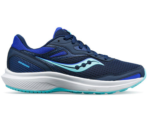 A navy and blue athletic shoe with white sole.