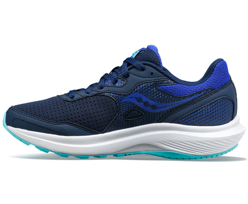 A navy blue running shoe with a white sole and blue accents.
