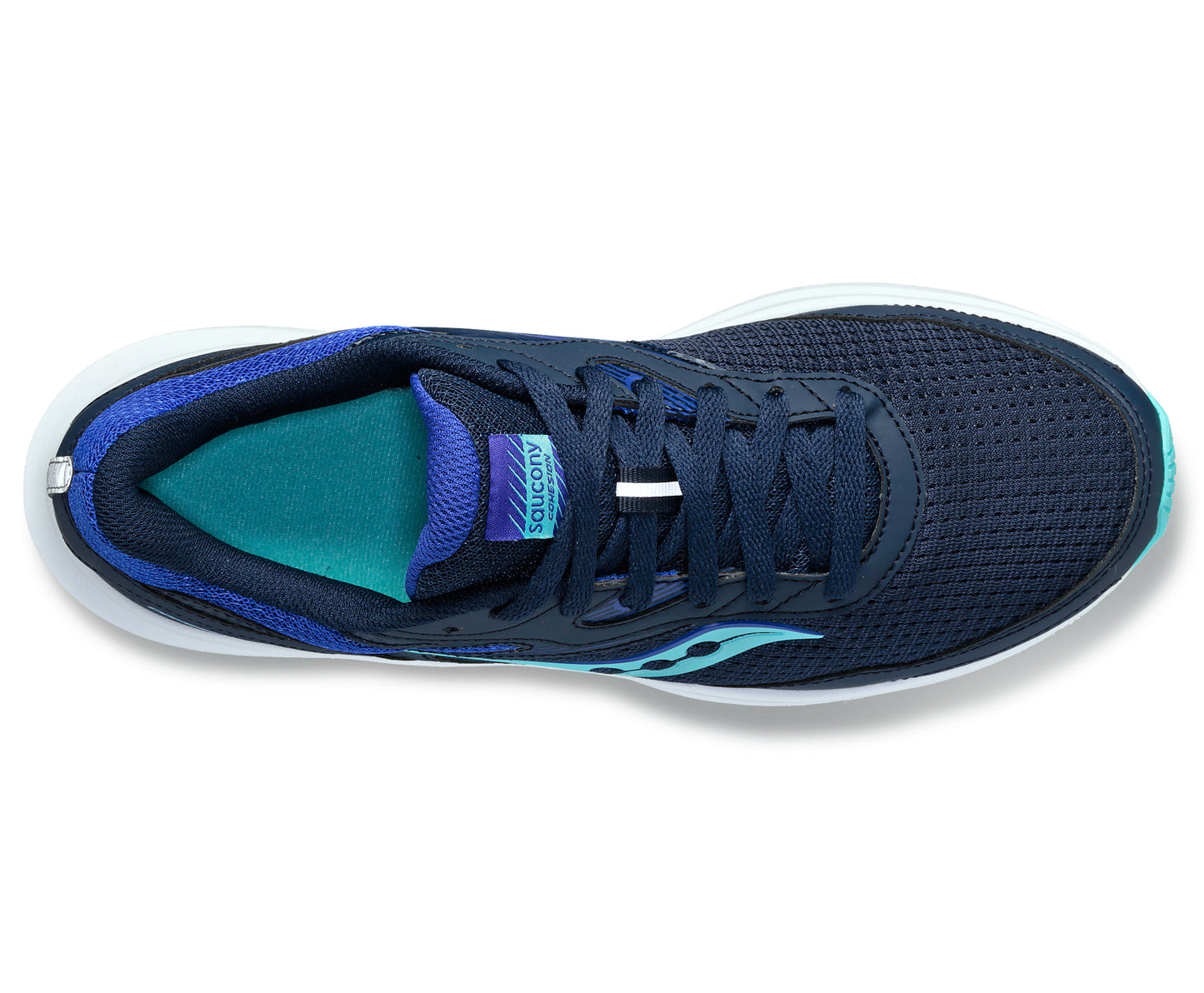 Navy blue mesh running shoe with blue and teal accents, laces, and white sole.
