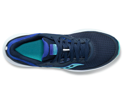Navy blue mesh running shoe with blue and teal accents, laces, and white sole.