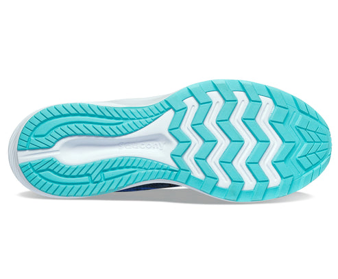 Underside of a shoe with a white base and a turquoise patterned sole.