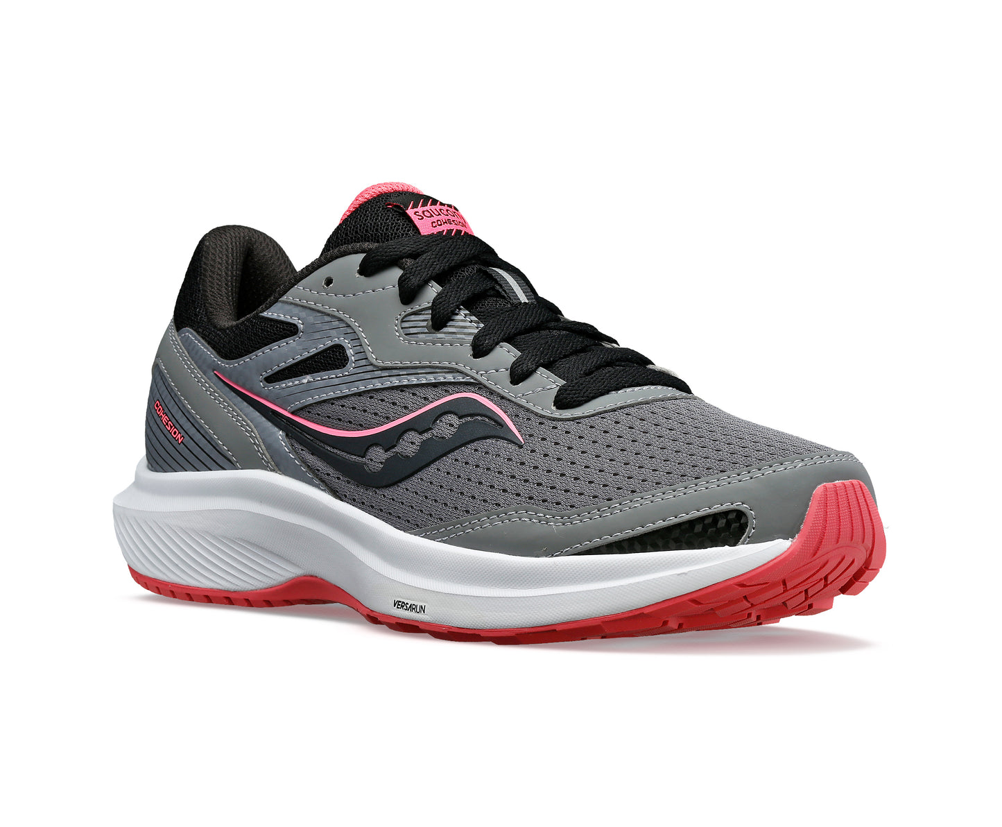 Gray and pink athletic shoe with black laces and white sole.