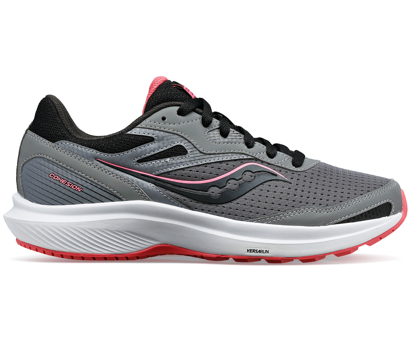 Gray and black running shoe with a white sole and pink accents.