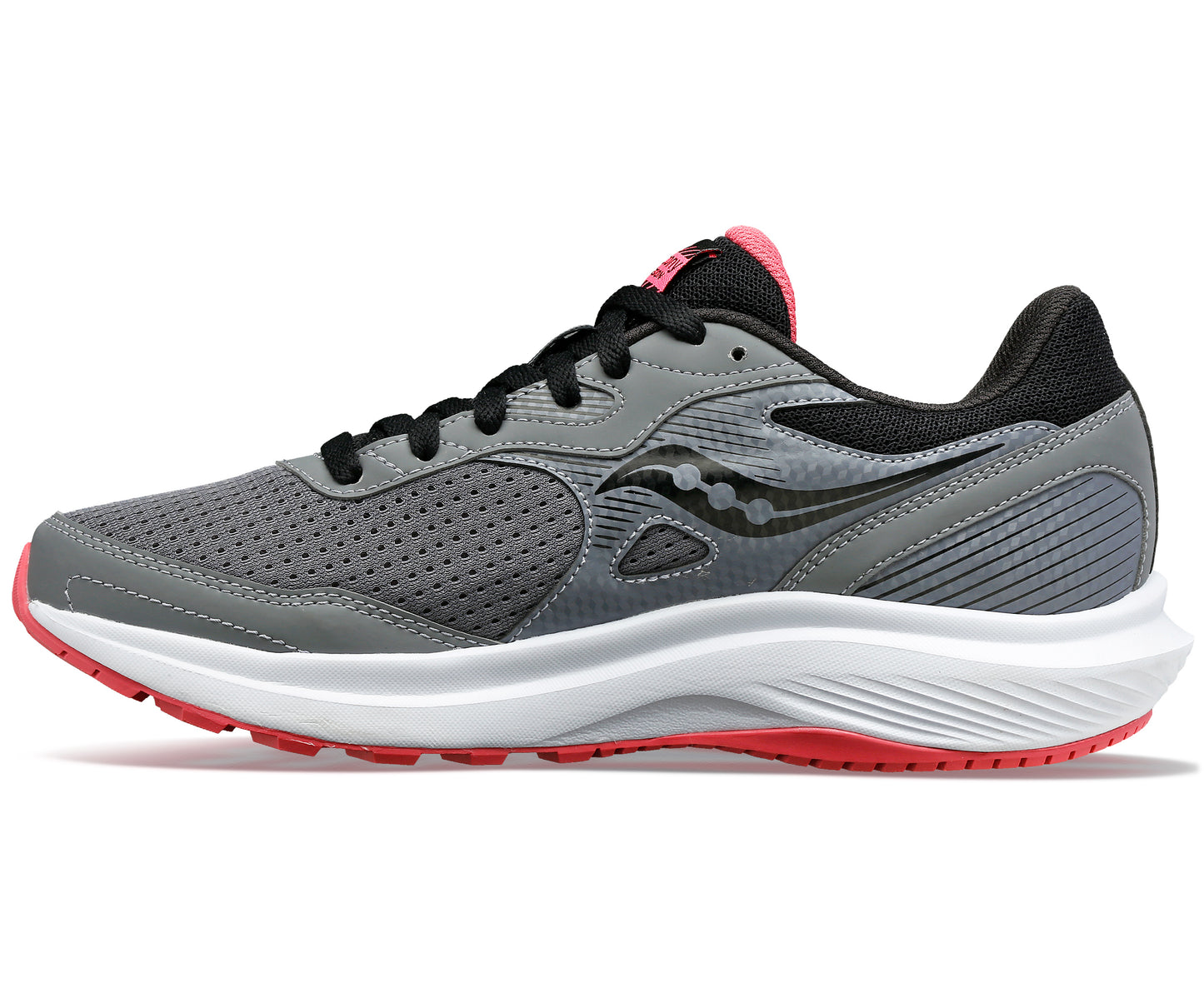 Gray running shoe with black trim and pink accents.