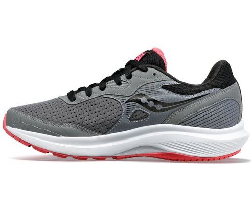 Gray running shoe with black trim and pink accents.