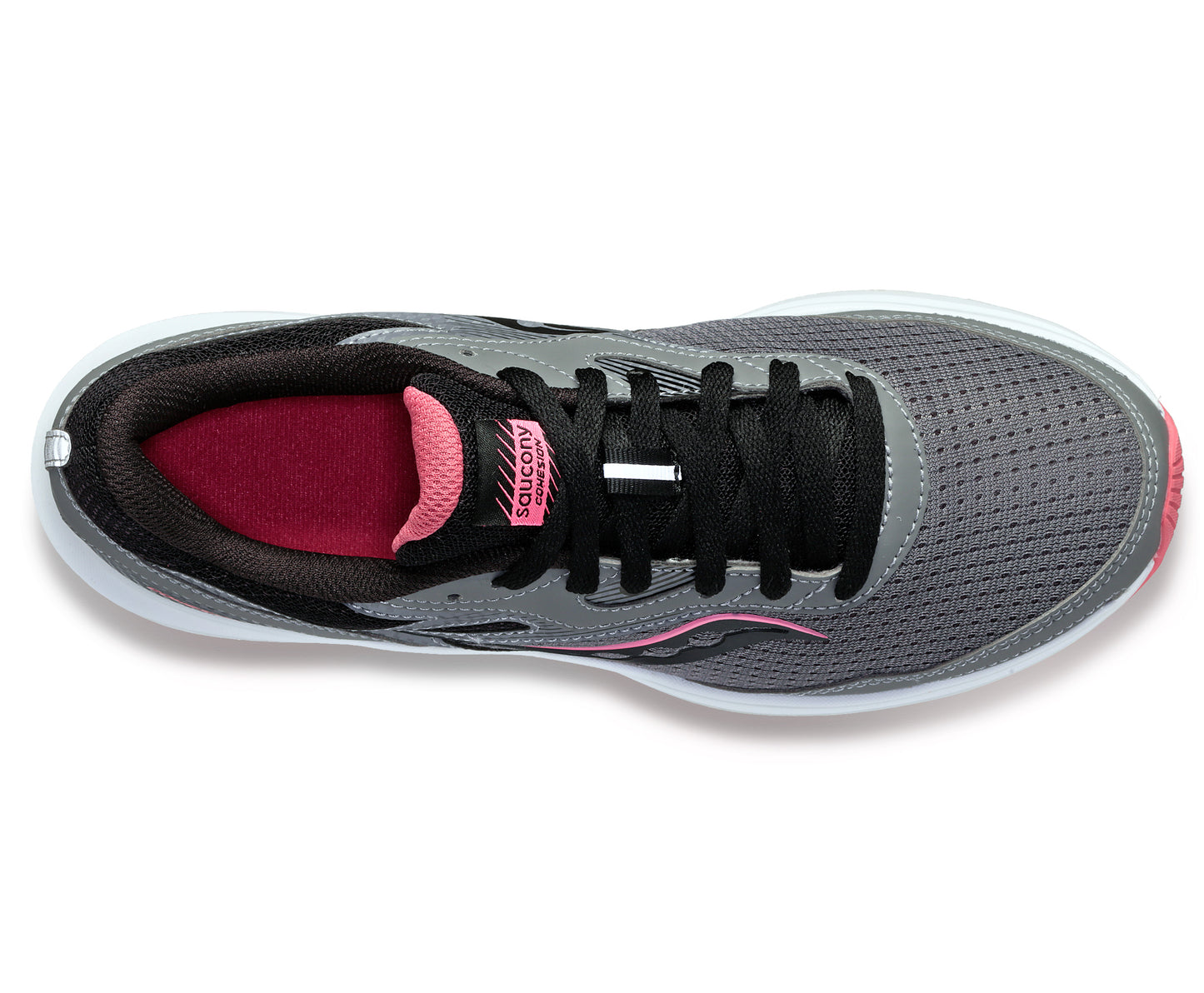 Overhead view of gray running shoe with black laces and pink interior.