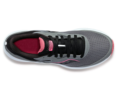 Overhead view of gray running shoe with black laces and pink interior.
