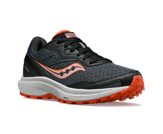 Athletic shoe, dark gray mesh upper with orange accent, white midsole, orange lugged outsole.