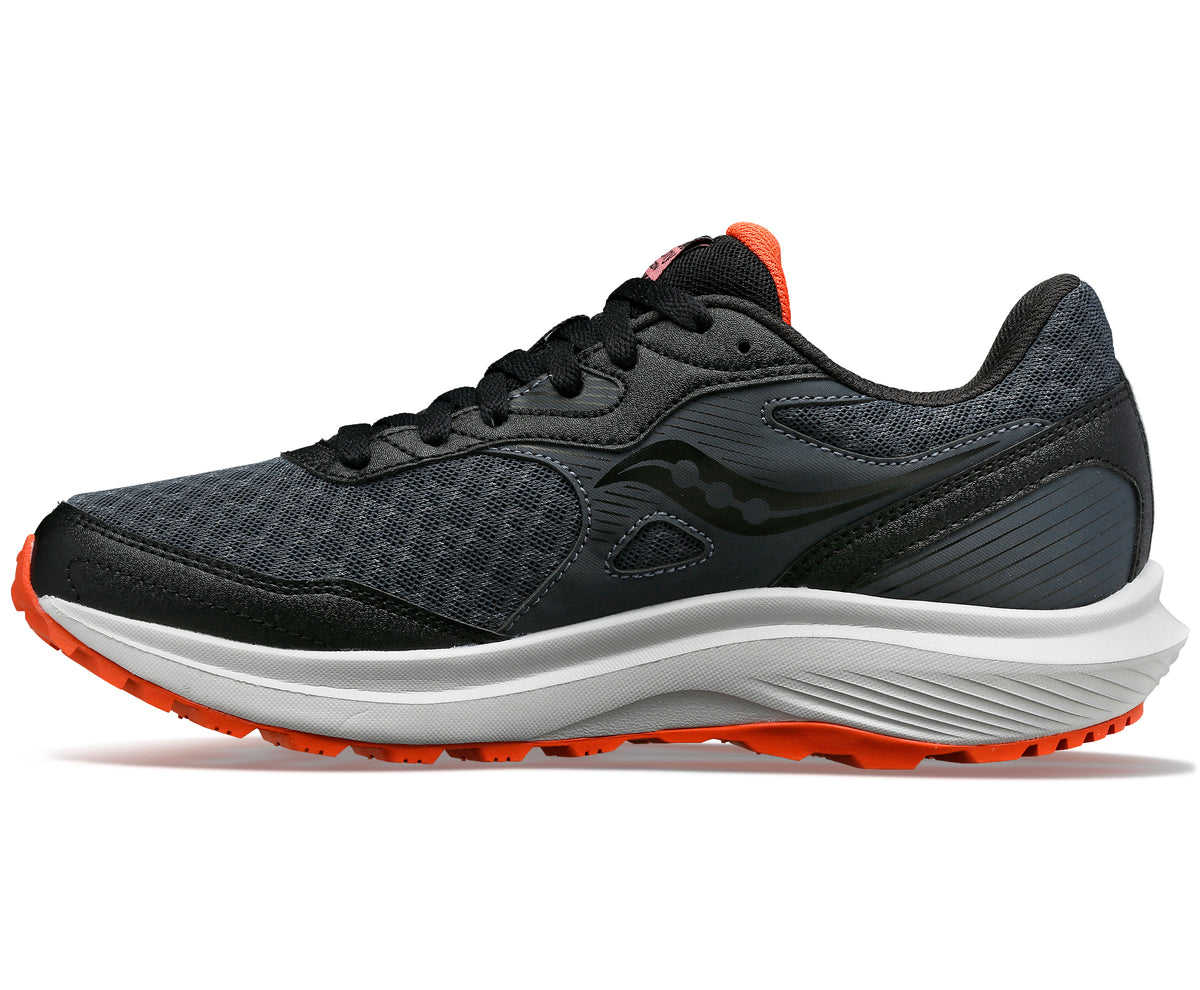 Side view of a running shoe with black and gray mesh upper, black laces, white midsole, and orange outsole.